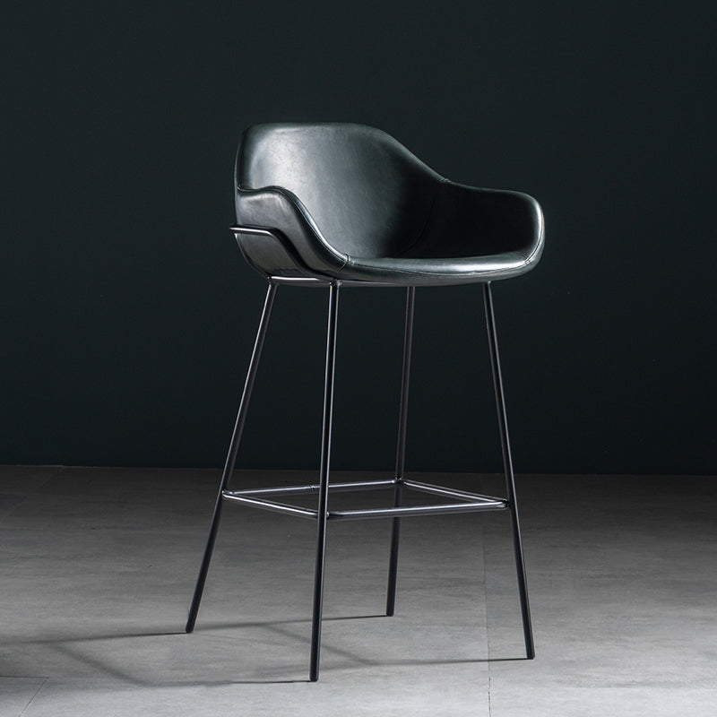 Taburete de bar con respaldo bajo de hierro industrial, taburete alto para interiores simple con asiento de cuero