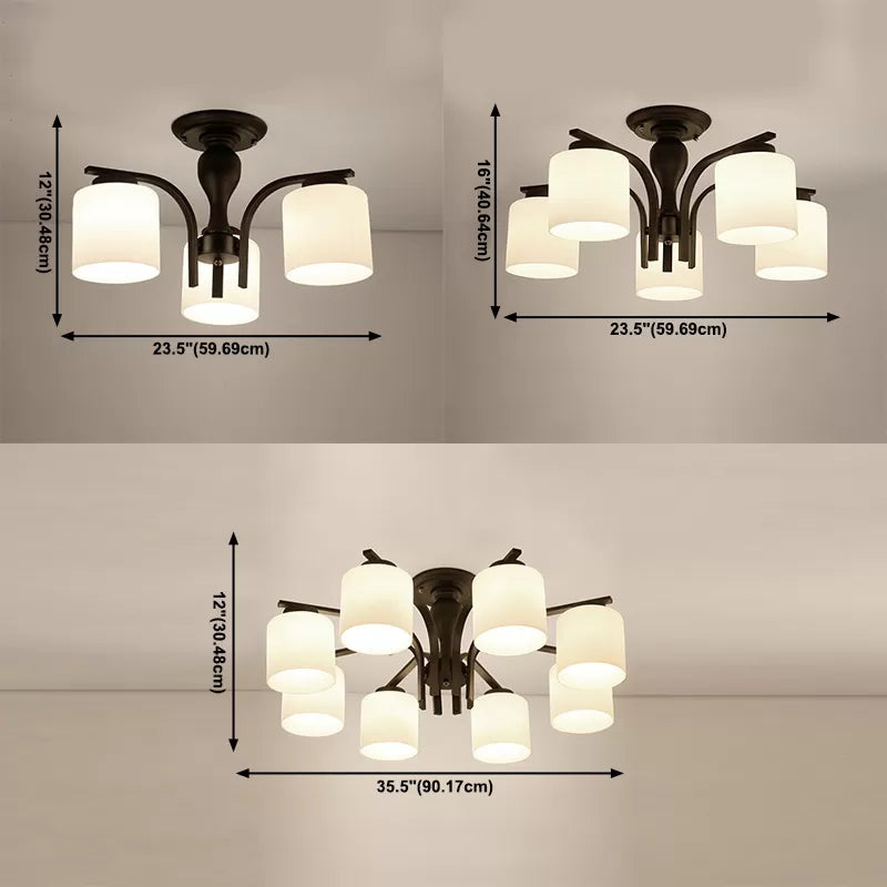 Cylindrical Semi Flush Ceiling Light Simple Ceiling Mount Light with Glass Shade