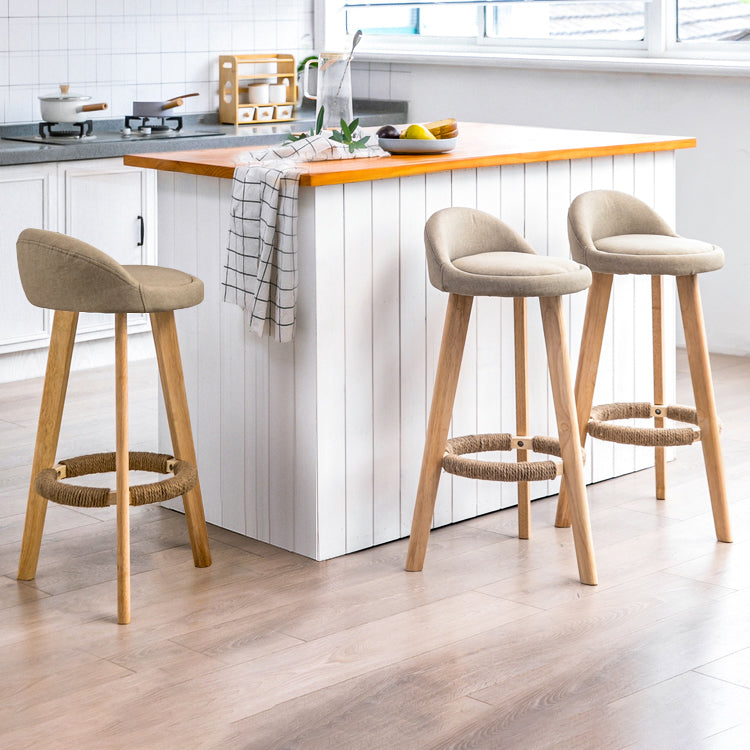 Taburete de bar de estilo escandinavo, patas de madera, asiento redondo con respaldo bajo
