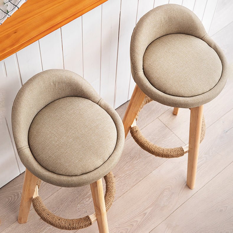 Taburete de bar de estilo escandinavo, patas de madera, asiento redondo con respaldo bajo