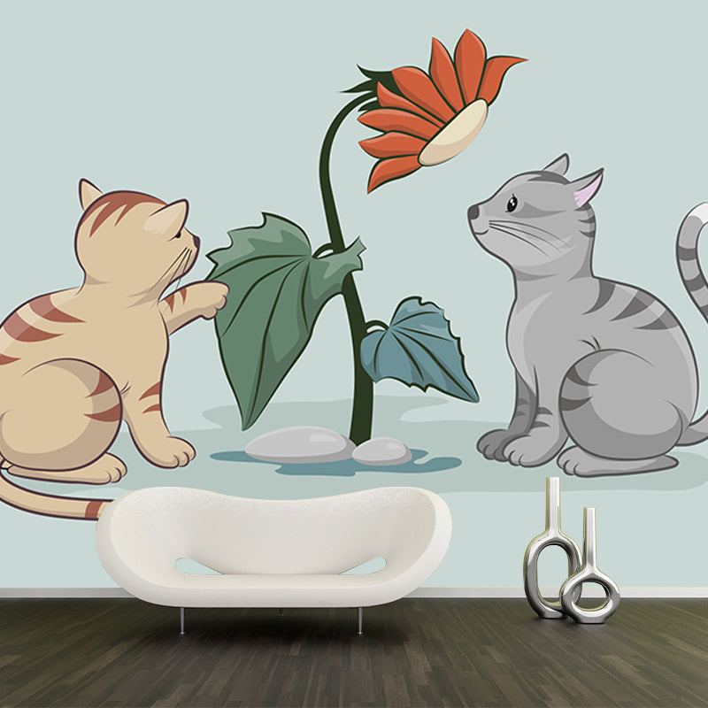 Washable Stain Resistant Wall Mural Wallpaper Cartoon Cats Sitting Room Wall Mural