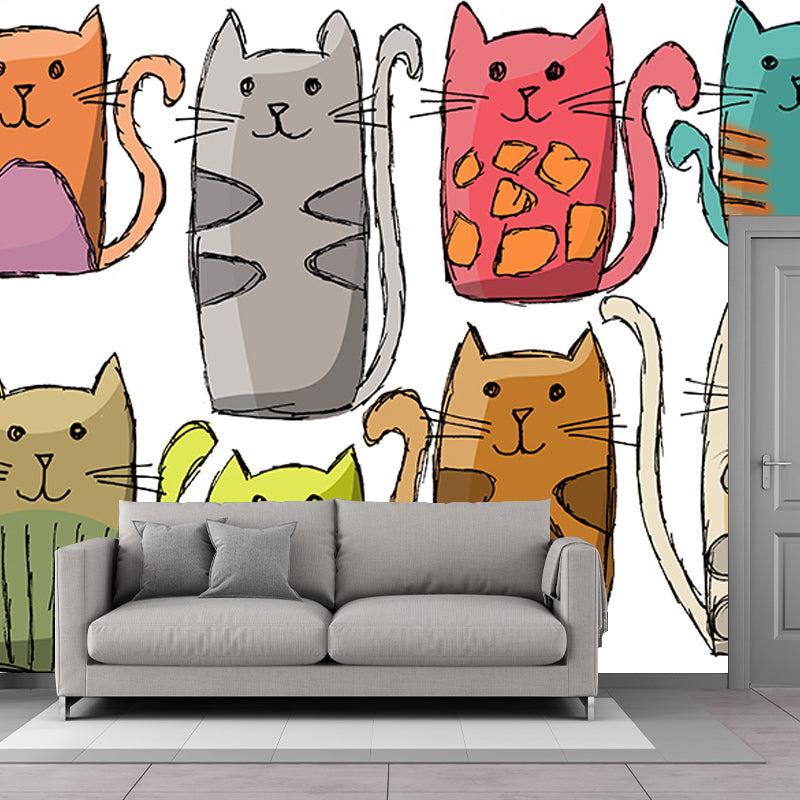 Washable Stain Resistant Wall Mural Wallpaper Cartoon Cats Sitting Room Wall Mural