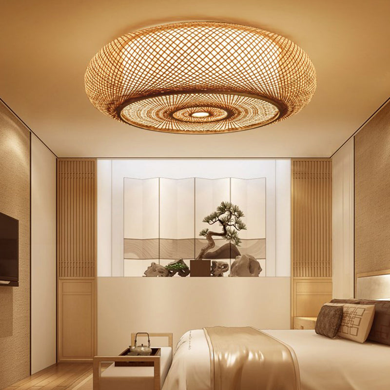 Round Shape Ceiling Lamp Asian Style Rattan 1 Light Flush Mount for Bedroom