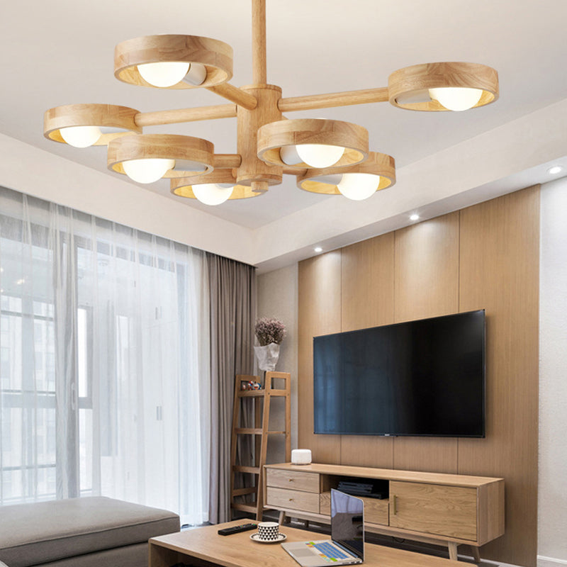 Multi Light Ring Branch Hanging Lights Modern Style Rubber Wood Hanging Lighting for Study