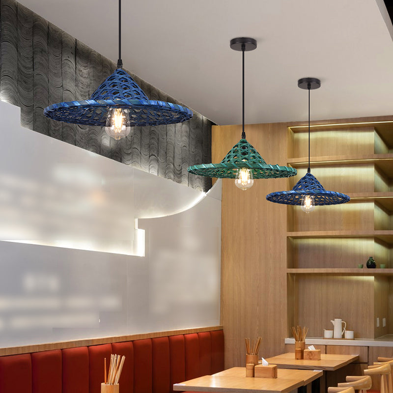 Multicolored Coolie Hat Suspension Light Südostasien 1-Licht-Bambus-Anhänger Licht