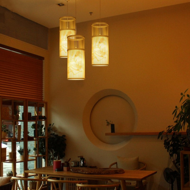 Luz de colgante de restaurante cilíndrico bambú 1 cabeza chinoisería colgante