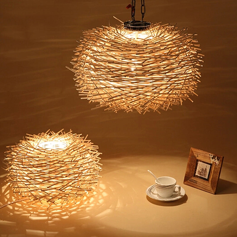 Nest Shaped Bamboo Pendant Light Fixture Asian 1 Head Suspension Light for Dining Room