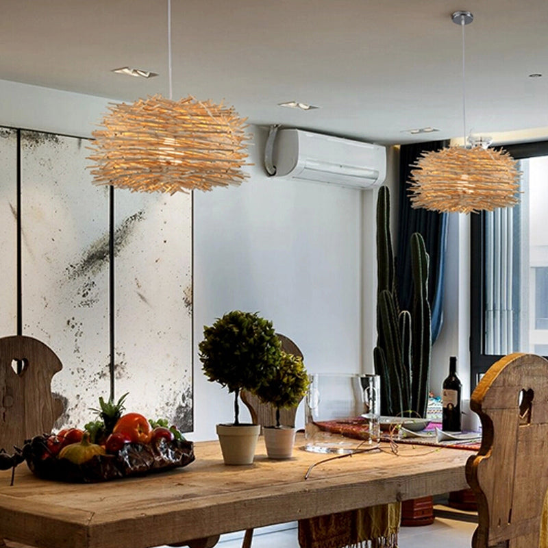 Nest Shaped Bamboo Pendant Light Fixture Asian 1 Head Suspension Light for Dining Room