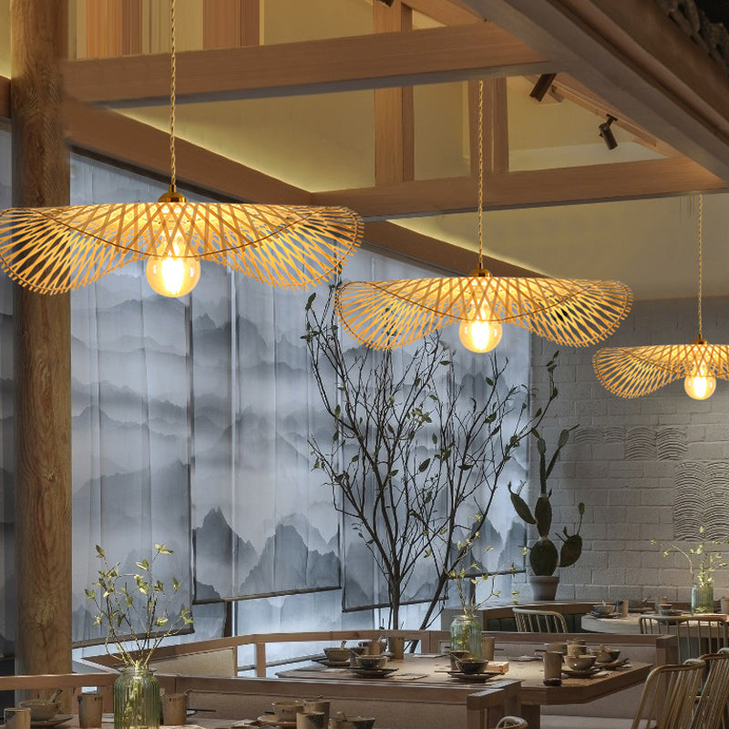 Lotus Leaf Shaped Pendant Light Bamboo 1 Head Hanging Light Fixture for Tea Room