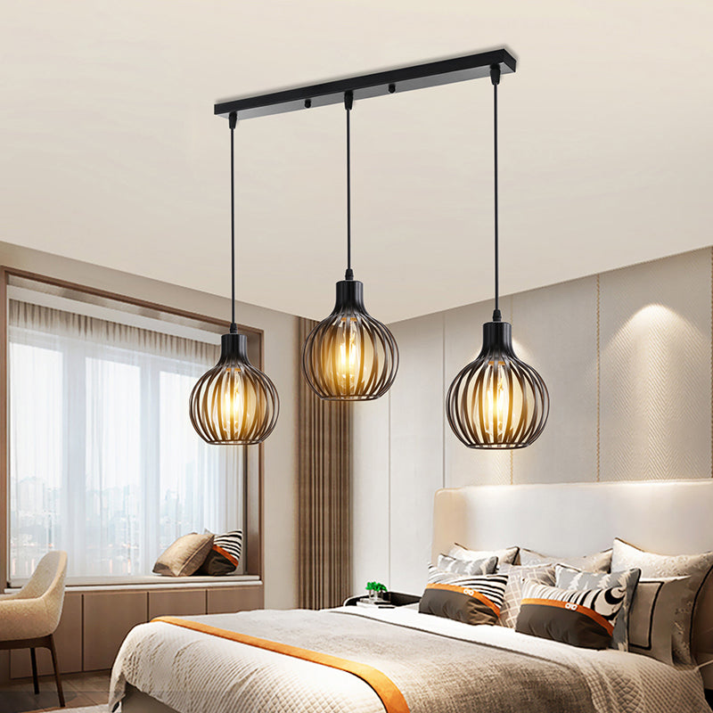 Spherical Hanging Lamp Retro Metal Dining Room Caged Pendant Light