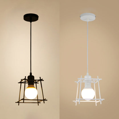 Retro -Stil quadratischer Käfig Anhänger Licht 1 leichte Metallendedecke Hängelampe in Schwarz/Weiß für Schlafzimmer