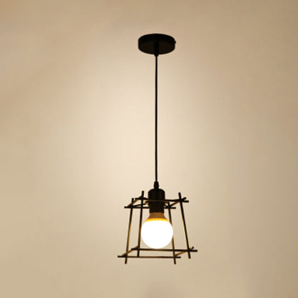 Retro Style Square Cage Pendant Light 1 Light Metal Ceiling Hanging Lamp in Black/White for Bedroom