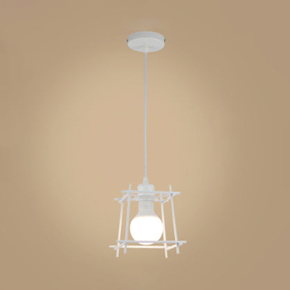 Retro Style Square Cage Pendant Light 1 Light Metal Ceiling Hanging Lamp in Black/White for Bedroom