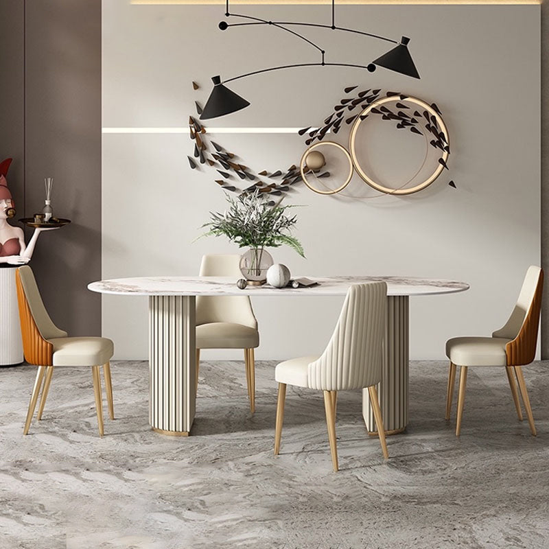 Oval Double Pedestal Modern Dining Table Sintered Stone Fixed Table for Kitchen