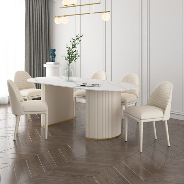Oval Double Pedestal Modern Dining Table Sintered Stone Fixed Table for Kitchen