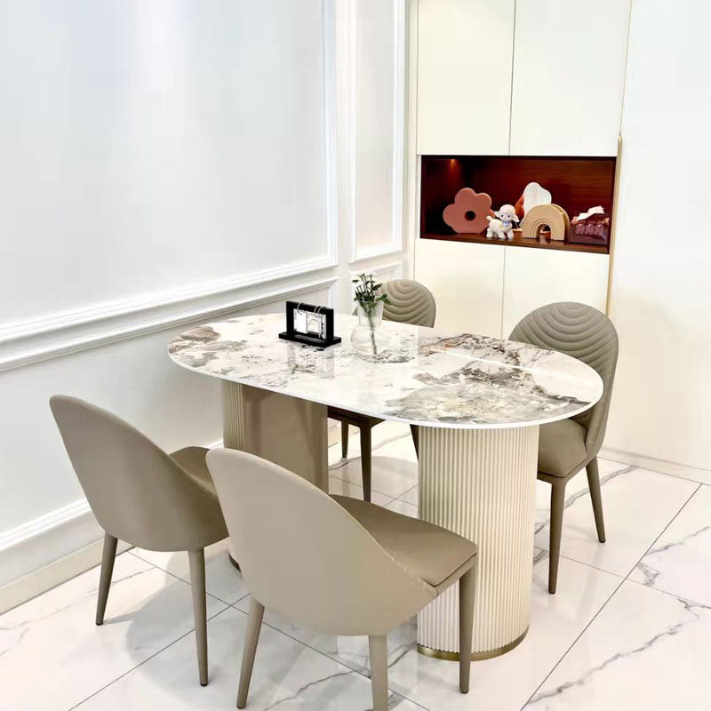 Oval Double Pedestal Modern Dining Table Sintered Stone Fixed Table for Kitchen