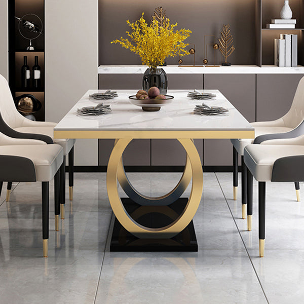 Table de salle à manger rectangulaire de luxe traditionnelle, table de dîner en pierre avec base à tréteaux