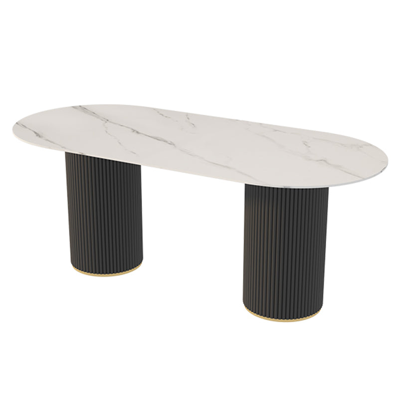 Moderne witte tafel van gesinterd steenblad voor restaurant Ovale tafel met dubbele voetstukbasis