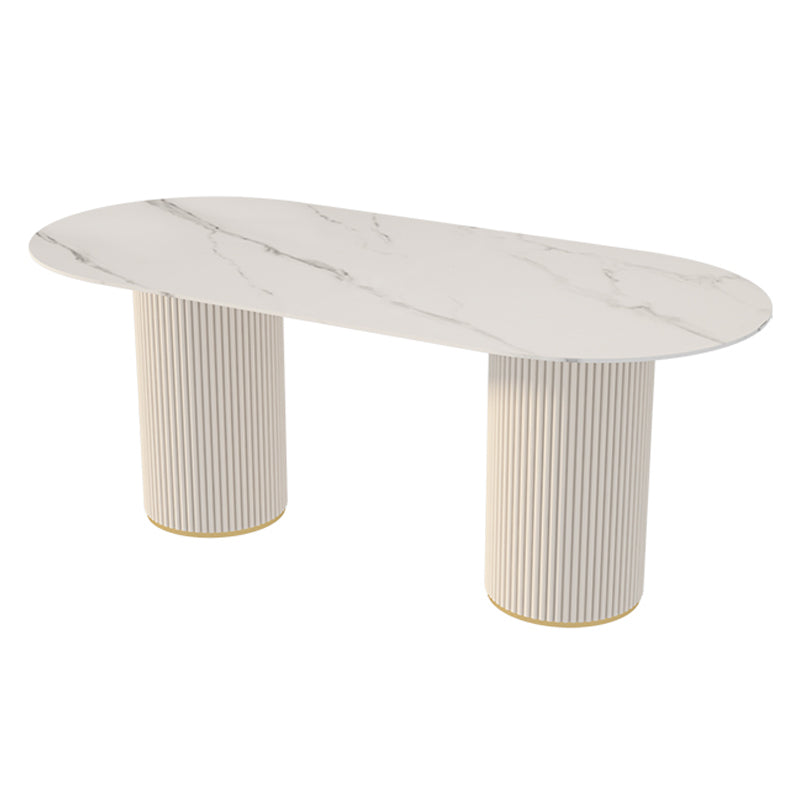 Moderne witte tafel van gesinterd steenblad voor restaurant Ovale tafel met dubbele voetstukbasis