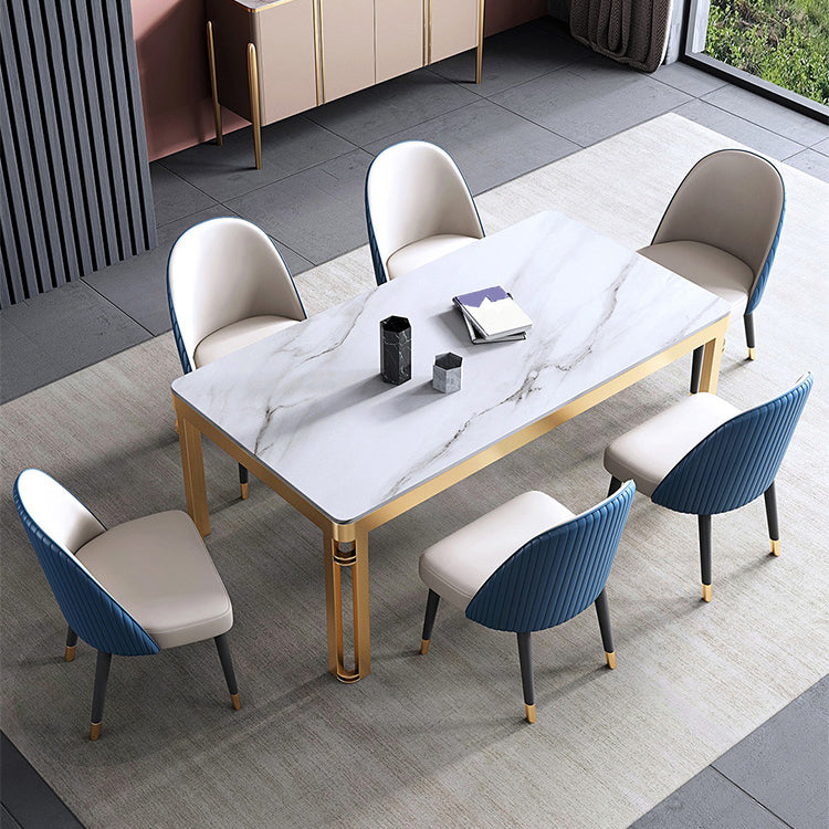 Traditionele luxe eettafel rechthoek gesinterde steen 4 poten tafel met gouden frame