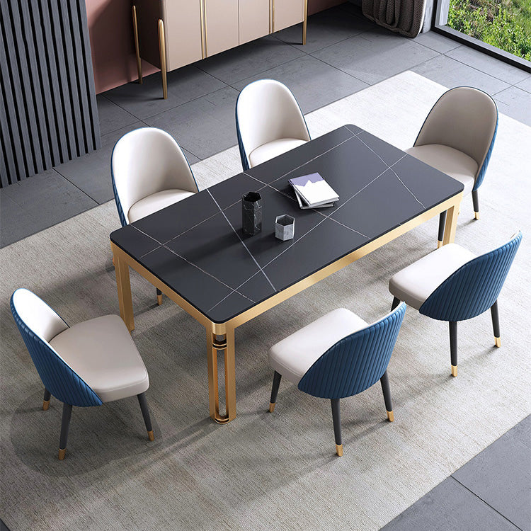 Traditionele luxe eettafel rechthoek gesinterde steen 4 poten tafel met gouden frame