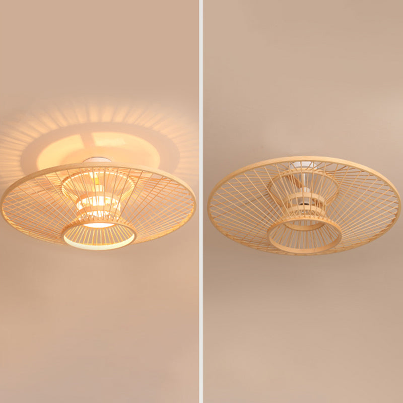 Round Shape Ceiling Lamp Asian Style Rattan 1 Light Flush Mount for Living Room
