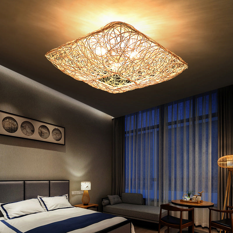 Quadratform Deckenlampe Asiatischer Bambus 3 Lichter Flush Mount für Esszimmer