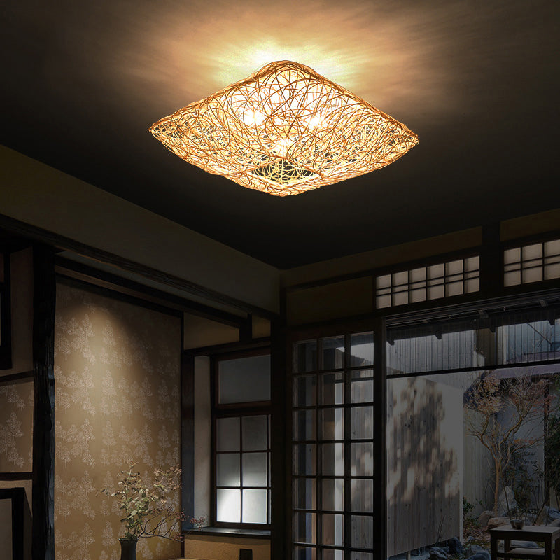 Quadratform Deckenlampe Asiatischer Bambus 3 Lichter Flush Mount für Esszimmer