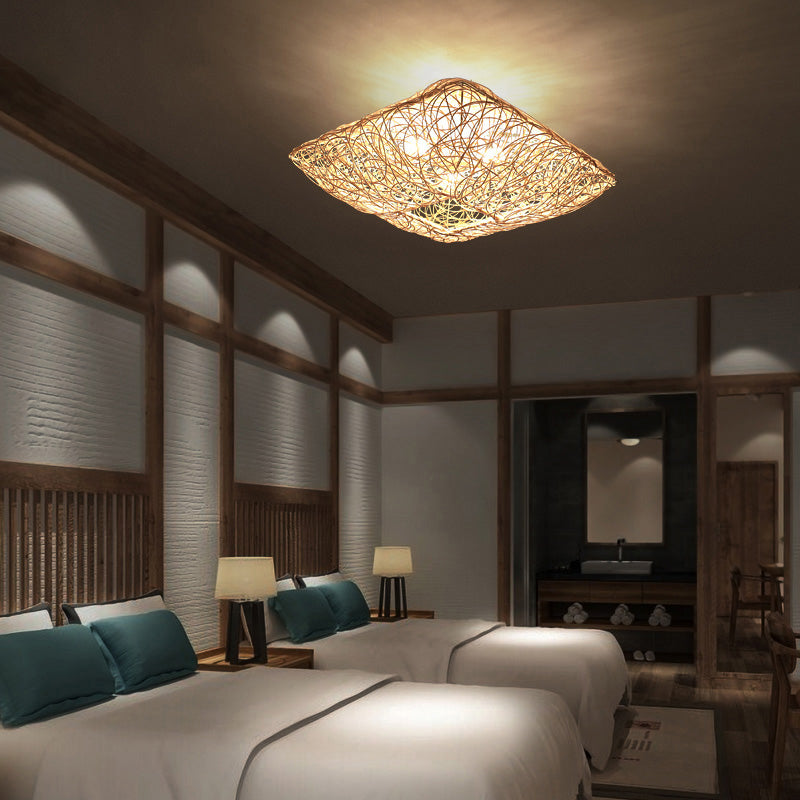 Quadratform Deckenlampe Asiatischer Bambus 3 Lichter Flush Mount für Esszimmer