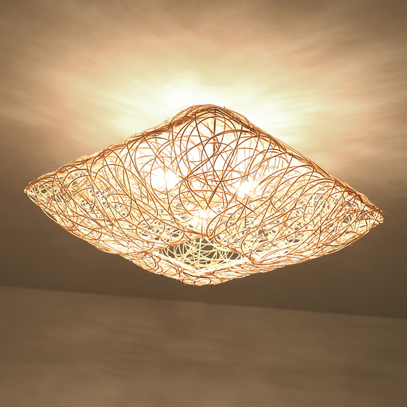Quadratform Deckenlampe Asiatischer Bambus 3 Lichter Flush Mount für Esszimmer