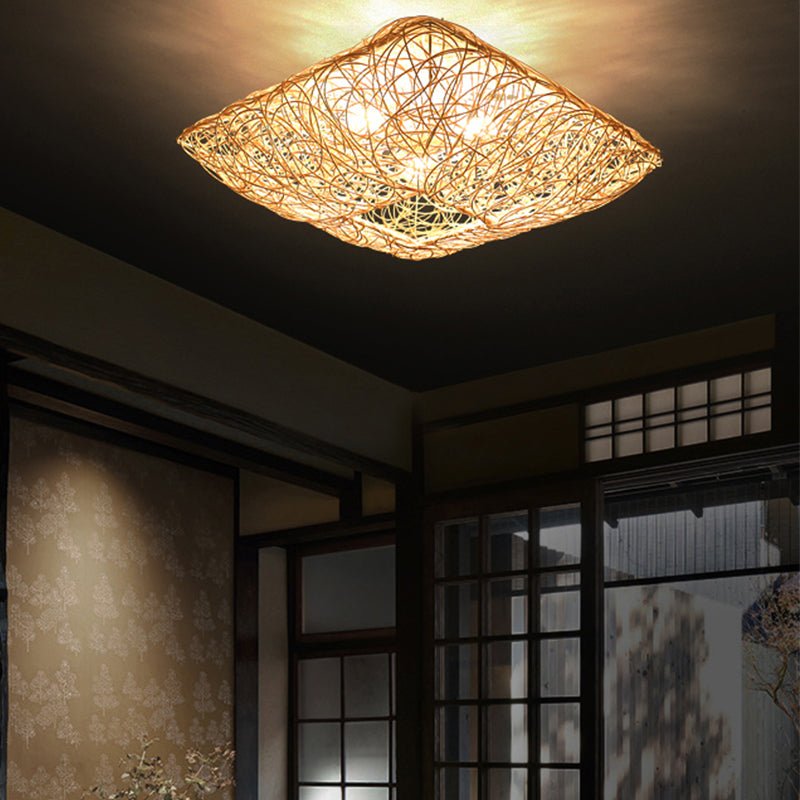 Quadratform Deckenlampe Asiatischer Bambus 3 Lichter Flush Mount für Esszimmer