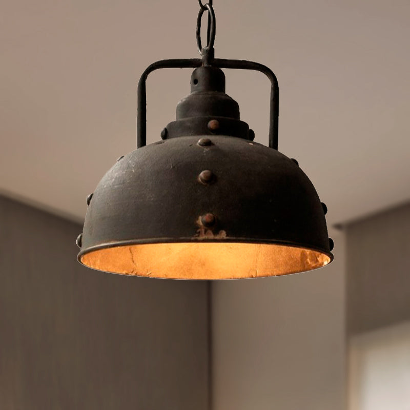 1 Light Dome Suspension Light Country Rustic Style Antique Black Wrought Iron Hanging Pendant Light
