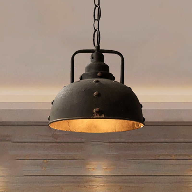 1 Light Dome Suspension Light Country Rustic Style Antique Black Wrought Iron Hanging Pendant Light