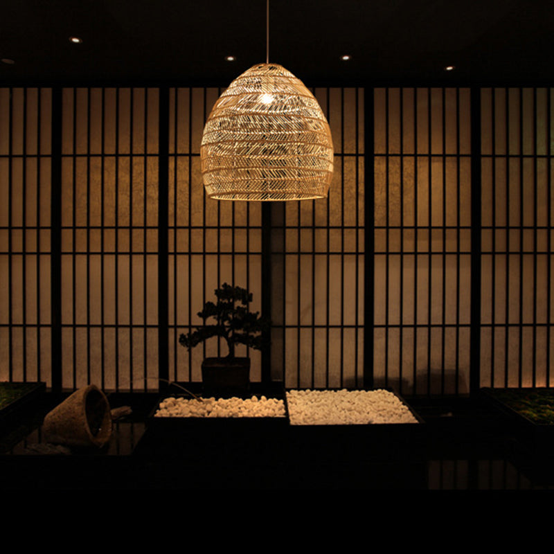 Kit lampada sospeso giapponese a 1 luce beige rattan giù ciondolo illuminazione per sala da studio