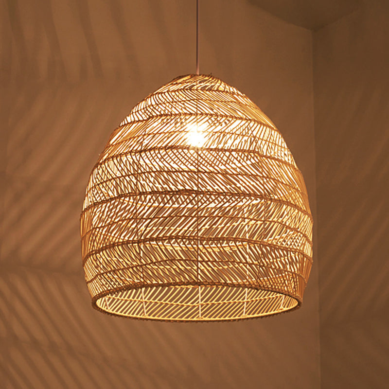 Japanese Hanging Lamp Kit 1-Light Beige Rattan Down Lighting Pendant for Study Room