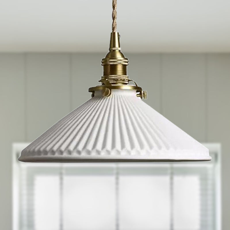 Stile industriale Luce a sospensione conica con design a coste 1 Light Ceramics lampada appesa in bianco