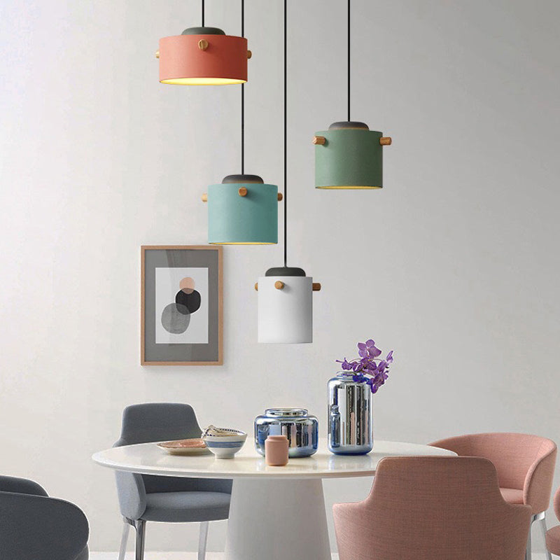 Cylindrical Metal Pendant Lamp Macaron 1 Head Solid Wood Ceiling Hanging Light