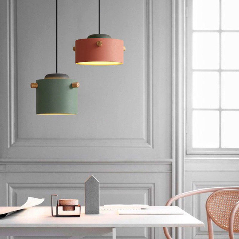 Cylindrical Metal Pendant Lamp Macaron 1 Head Solid Wood Ceiling Hanging Light