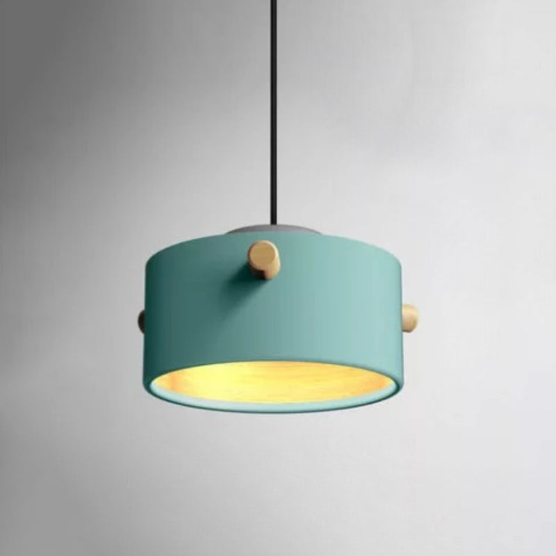 Cylindrical Metal Pendant Lamp Macaron 1 Head Solid Wood Ceiling Hanging Light