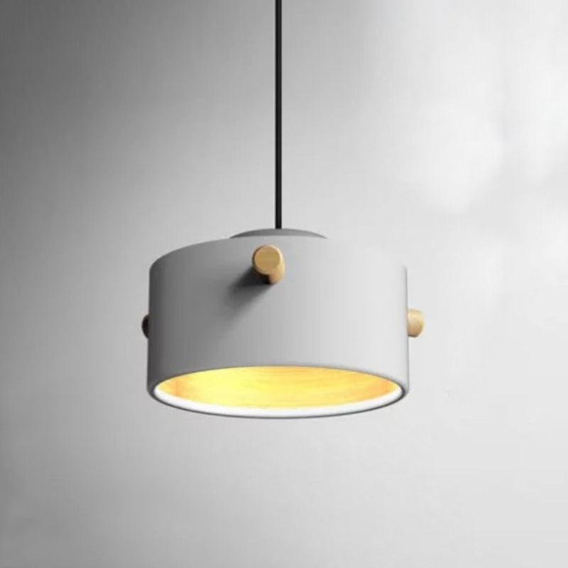 Cylindrical Metal Pendant Lamp Macaron 1 Head Solid Wood Ceiling Hanging Light