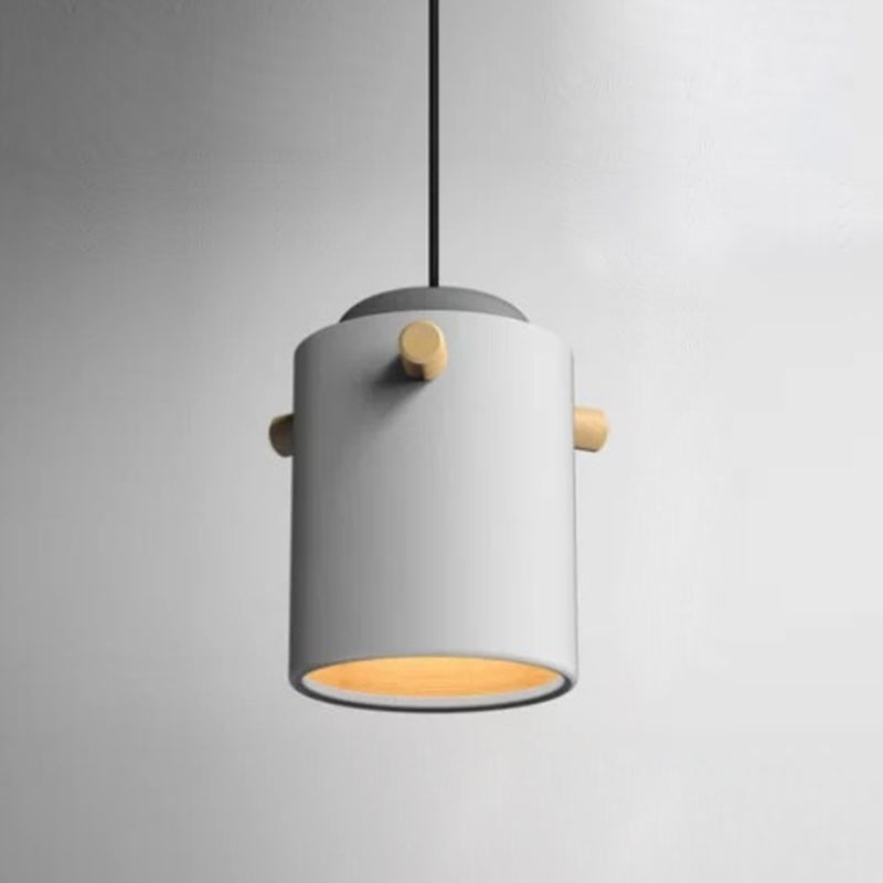 Cylindrical Metal Pendant Lamp Macaron 1 Head Solid Wood Ceiling Hanging Light