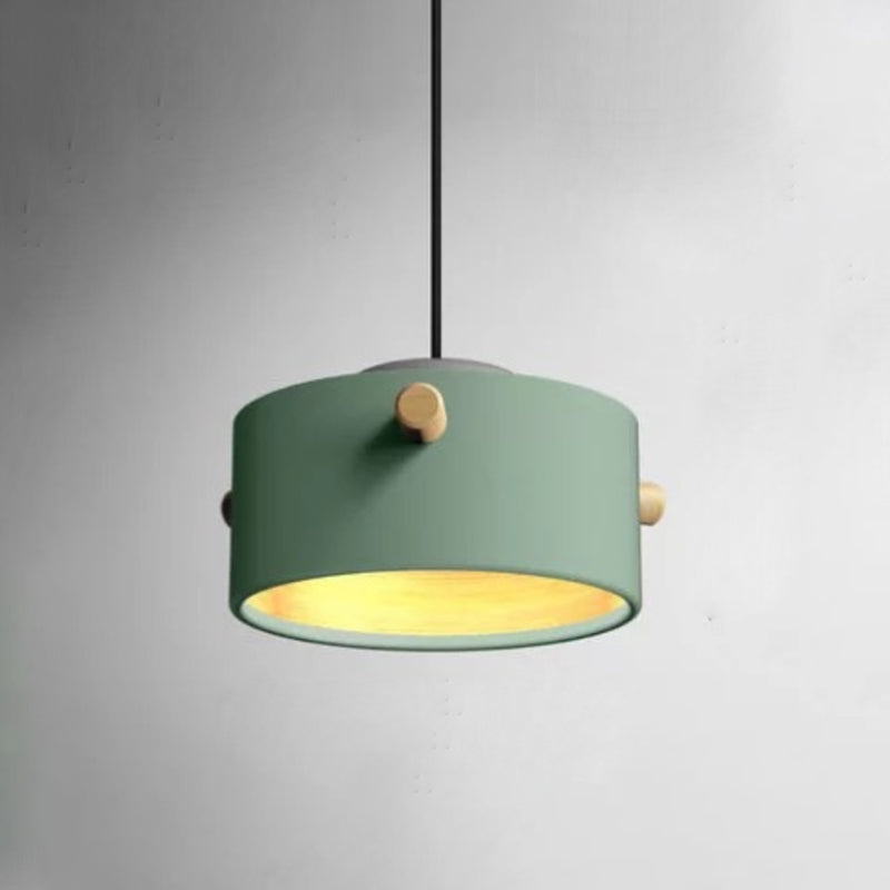 Cylindrical Metal Pendant Lamp Macaron 1 Head Solid Wood Ceiling Hanging Light