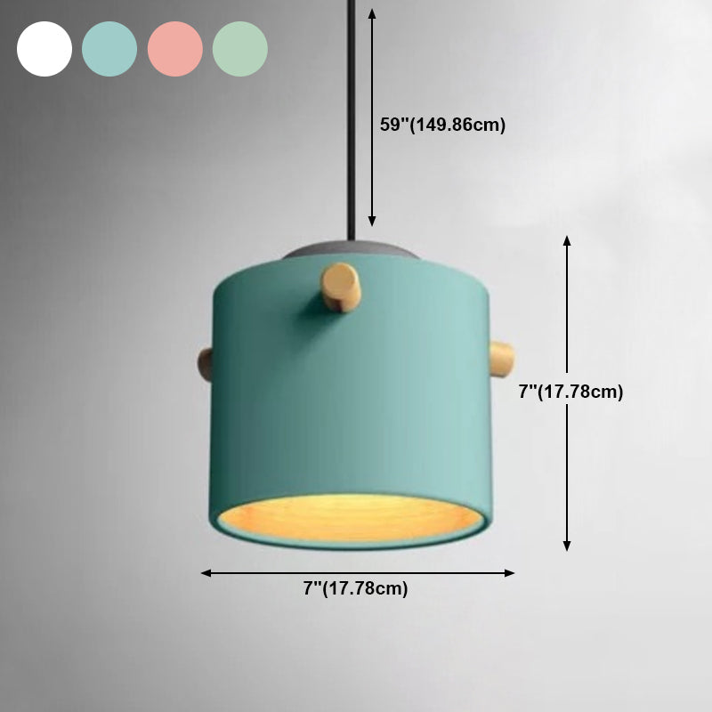Cylindrical Metal Pendant Lamp Macaron 1 Head Solid Wood Ceiling Hanging Light