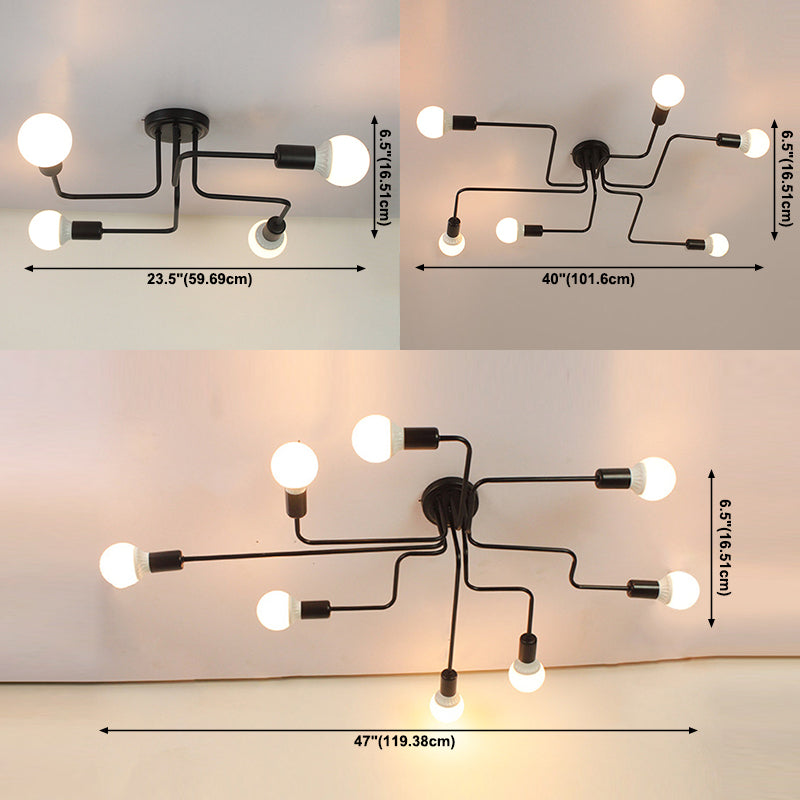 Metal Slender Arms Semi Flush Mount Light Loft Living Room Ceiling Lamp in Black