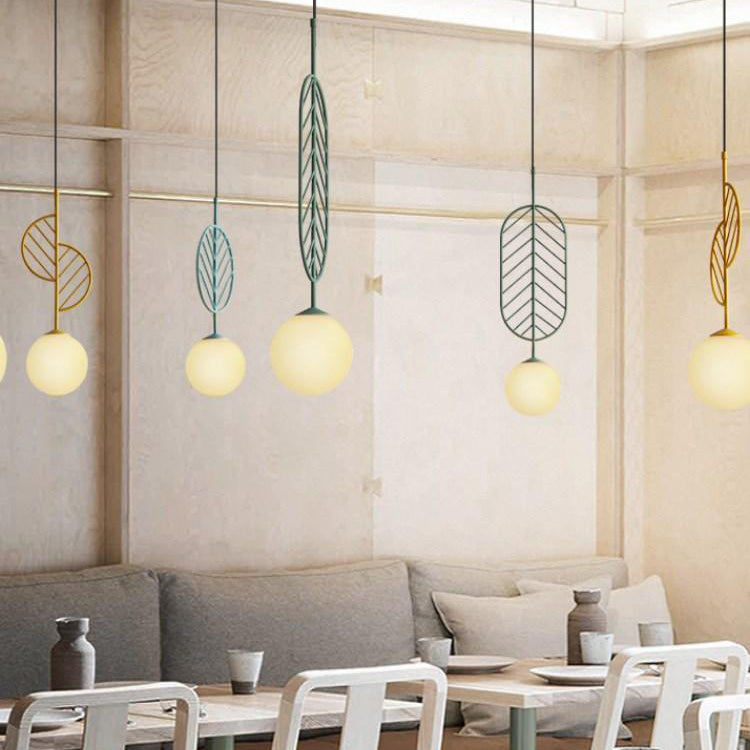 Multicolored Leaf Pendant Lighting Macaron 1 Head White Glass Suspension Light for Cafe