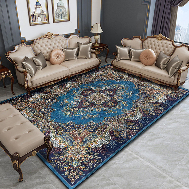 Blau traditioneller Teppich Polyester Graphic Teppich Waschbar für Wohnzimmer