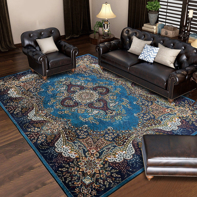 Blue Traditional Rug Polyester Graphic Rug Washable Rug for Living Room