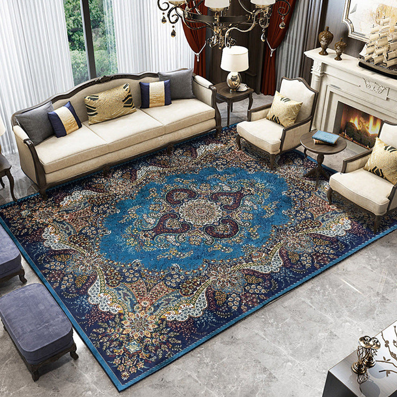 Blue Traditional Rug Polyester Graphic Rug Washable Rug for Living Room