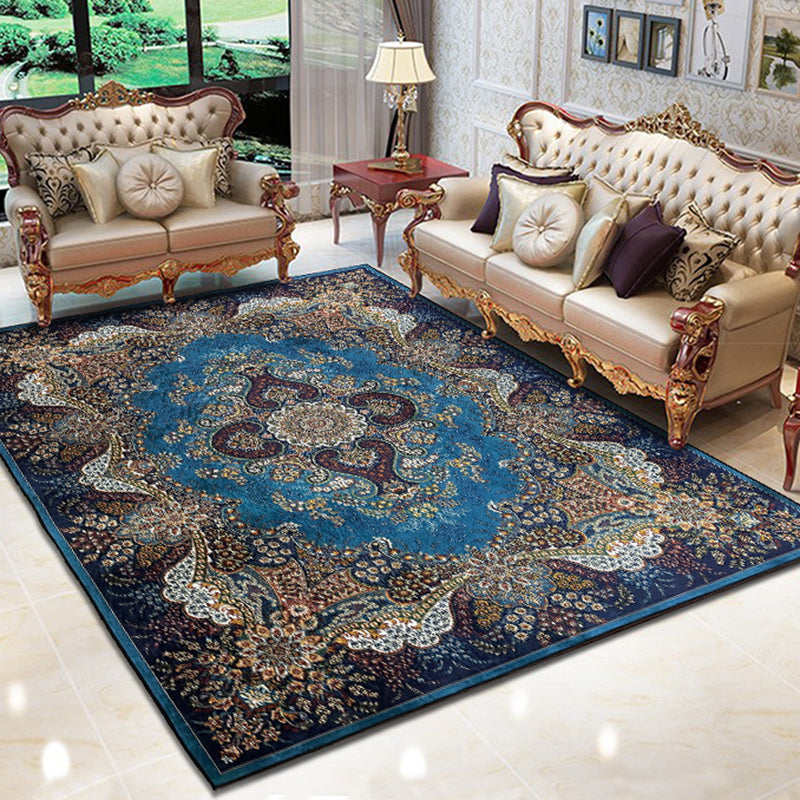 Blue Traditional Rug Polyester Graphic Rug Washable Rug for Living Room