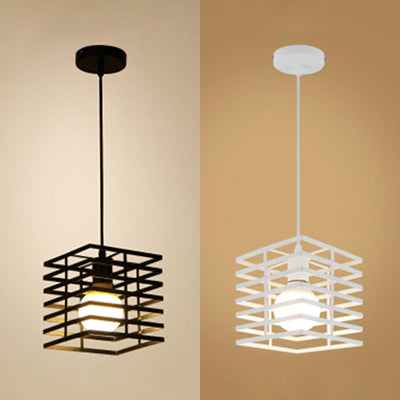 Squared Cage Restaurant Ceiling Pendant Light Retro Style Metal 1 Light Black/White Hanging Lamp